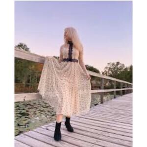 Lace & Beads Ivory Black Polka Dot Chiffon Lace Semi Sheer Midi Dress Size 10